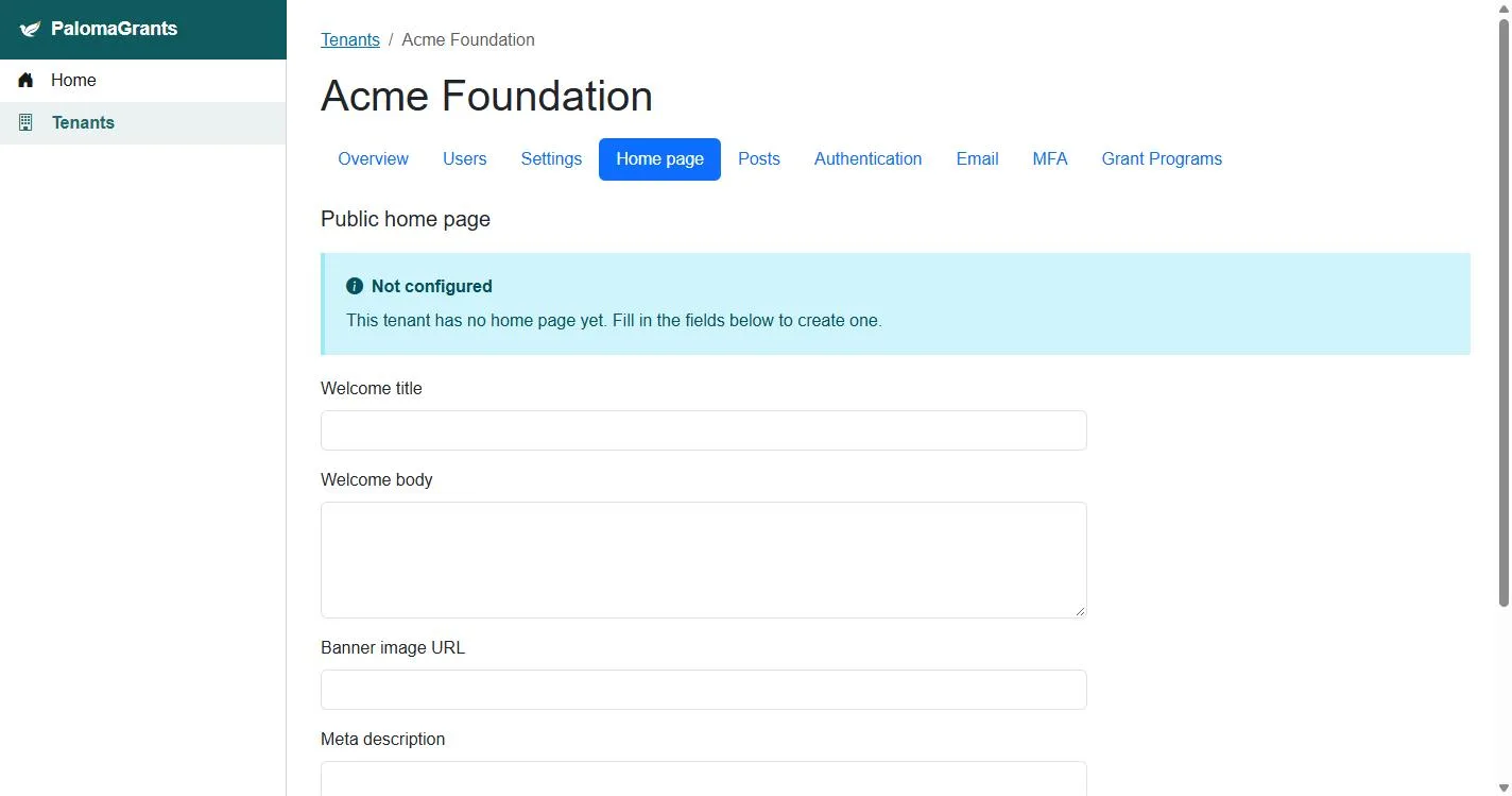 Setting up a funder's portal home page in PalomaGrants