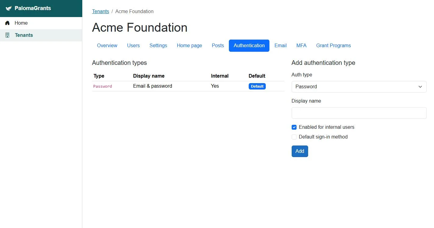 Choosing sign-in options for a funder in PalomaGrants